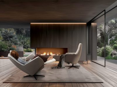 dark living room interior with fireplace, sofa and armchair near window on wooden floor in modern house --chaos 10 --stylize 0 Job ID: 9c360e0d-abe4-4f24-91e7-13b297f5651b