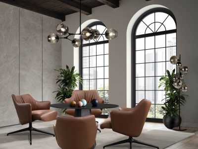 Interior of modern  design loft  with black sofa 3D rendering