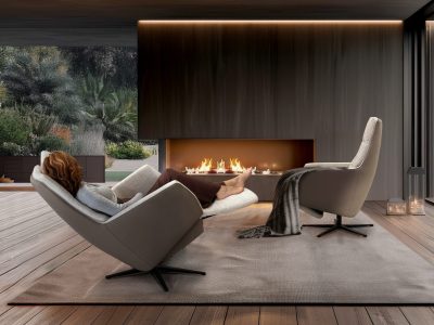 dark living room interior with fireplace, sofa and armchair near window on wooden floor in modern house --chaos 10 --stylize 0 Job ID: 9c360e0d-abe4-4f24-91e7-13b297f5651b