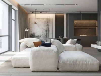 Modern interior design backdrop with minimalist decor, sleek furniture.