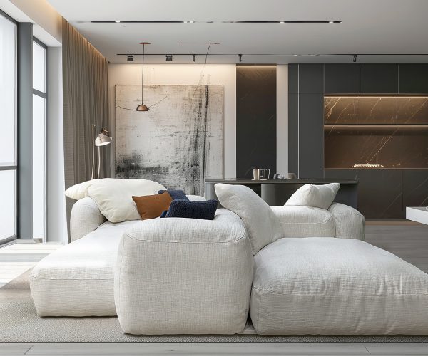 Modern interior design backdrop with minimalist decor, sleek furniture.