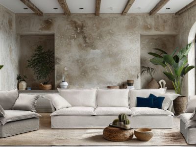A fully furnished living room with various pieces of furniture and a large window, letting in natural light.