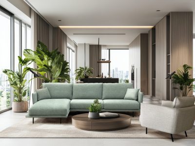 Large living room with a white couch, a coffee table, and a potted plant. The room has a modern